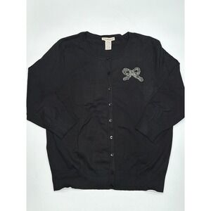 Notations Black Embellished Bow Cardigan Sweater XL 3/4 Sleeve Button Front Silk